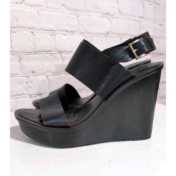 Tory Burch Lexington Black Leather Platform Wedge Sandals 9 Heels - Picture 4 of 13